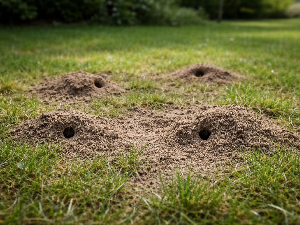 Petits monticules et orifices dans une pelouse, texture de terre fine pour reconnaître une fourmilière.