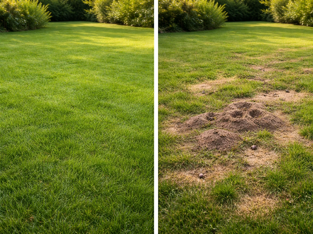 Pelouse avec fourmilière : trous, herbe clairsemée et plaques sèches autour, vue d’ensemble avant/après.