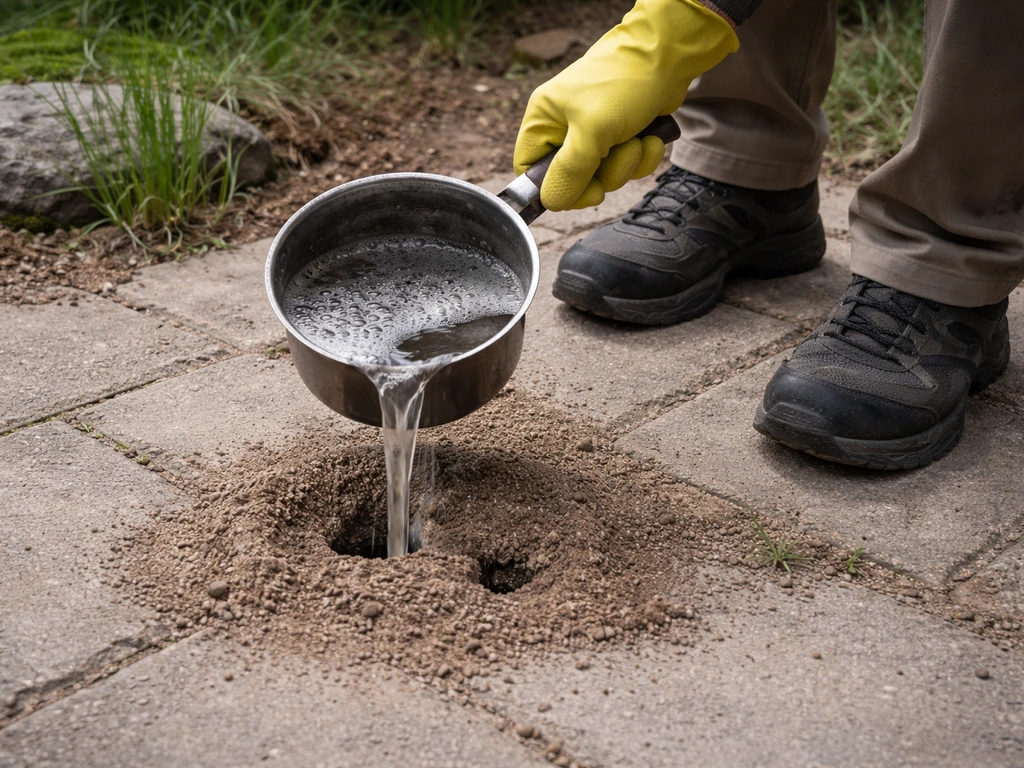 Main gantée versant de l’eau bouillante au savon noir dans les orifices d’une fourmilière au jardin.