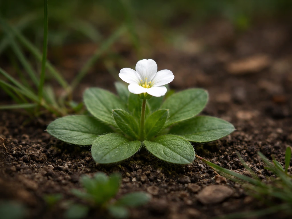 Gros plan d’une petite fleur blanche au ras du sol, avec ses feuilles et son port naturel en pleine nature.
