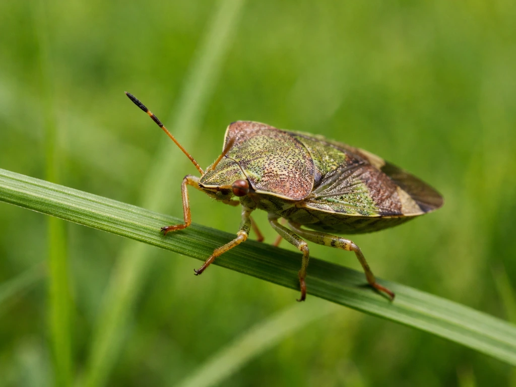 Gros plan net d’une punaise de pelouse sur un brin d’herbe, arrière-plan de gazon flouté.