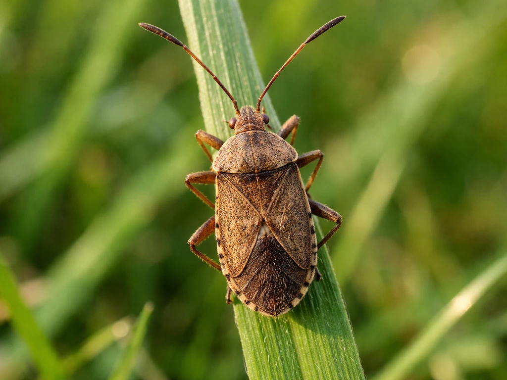 Plan rapproché d’une punaise de pelouse sur une lame d’herbe, vue nette des antennes et des ailes