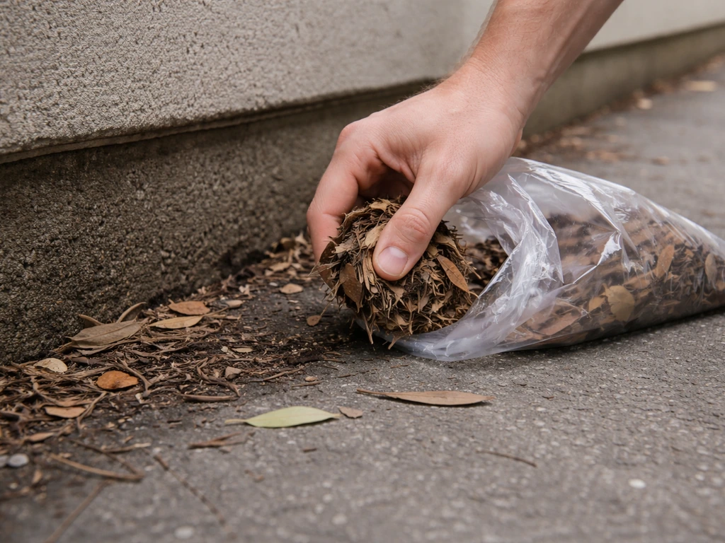 Vue au ras du sol : main ramassant des feuilles mortes avec un petit sac près d’une zone dégagée
