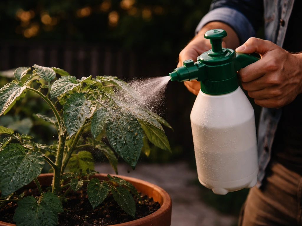 Pulvérisateur appliquant du savon noir dilué sur des insectes visibles sur une plante, en soirée.