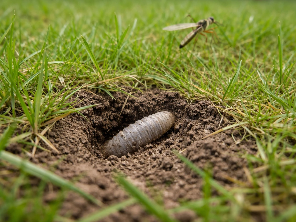 Larve de cousin de la pelouse dans le sol, avec une tipule adulte visible en arrière-plan près de la pelouse.