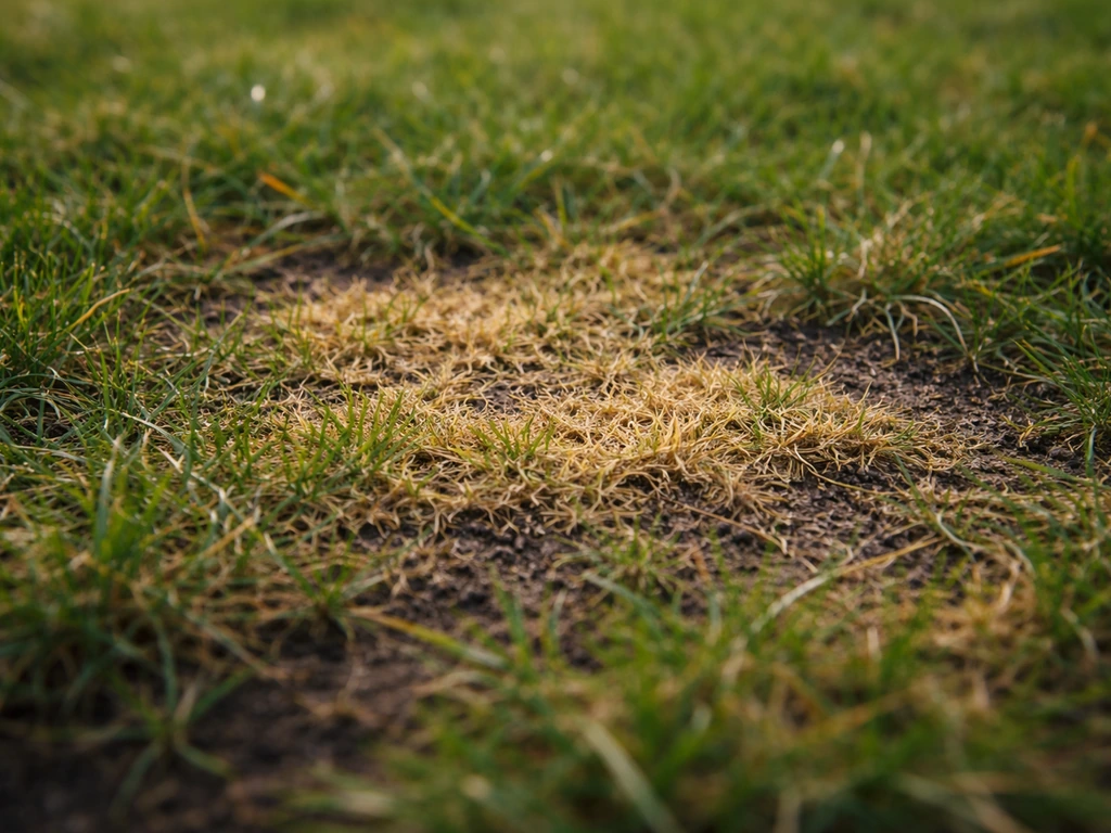 Gros plan sur des taches jaunes et brunes irrégulières dans une pelouse, herbe clairsemée