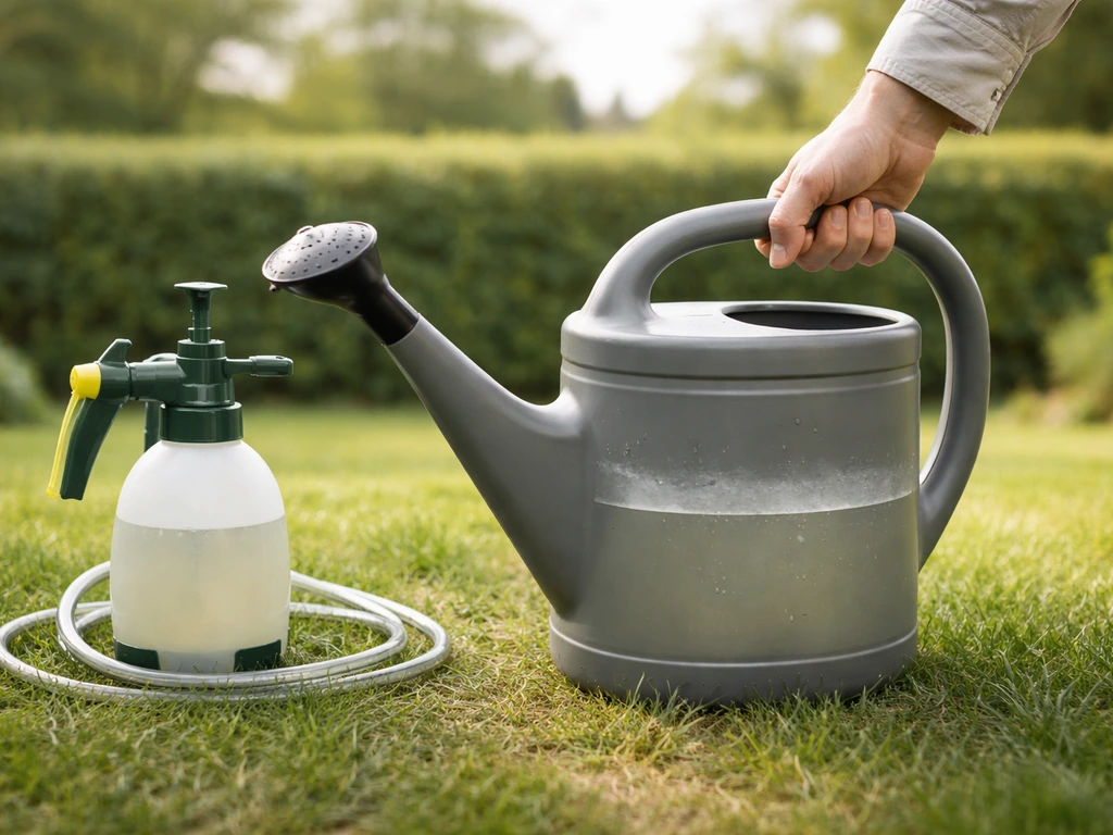 Un arrosoir et un pulvérisateur dédiés, près de la pelouse, prêts à appliquer un traitement à base de nématodes.
