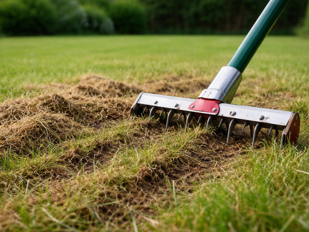 Pelouse partiellement scarifiée, feutre retiré, avec un outil de jardin au premier plan.