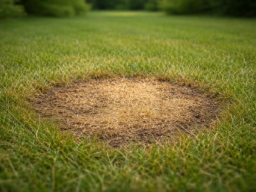 Pelouse avec une tache circulaire brun-jaunâtre, zone brûlée après crotte de chien.