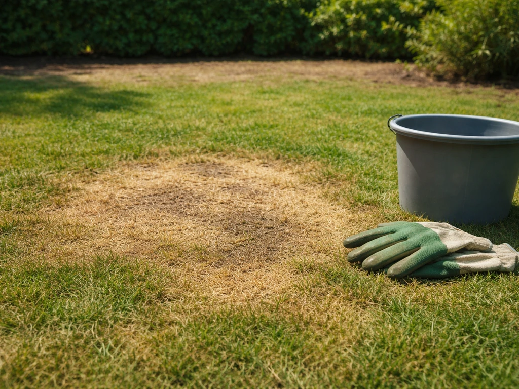 Zone de pelouse jaunie et abîmée, seau et gants à côté, prêt pour une inspection du jardin.