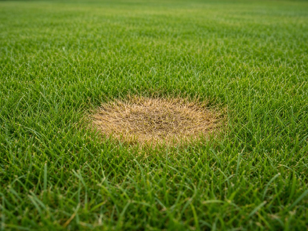 Gros plan d’une pelouse : un cercle brun jaunâtre au centre contraste avec l’herbe verte autour.