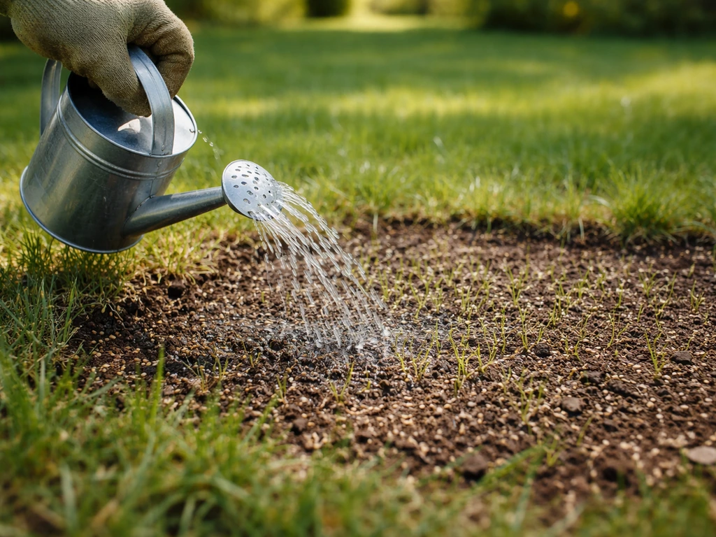 Gazon de regarnissage avec semis frais en plein jardin, par temps printanier, arrosage léger.