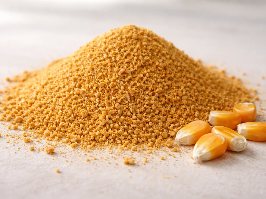 Gros plan de granulés de gluten de maïs sur fond neutre, avec quelques grains de maïs à côté