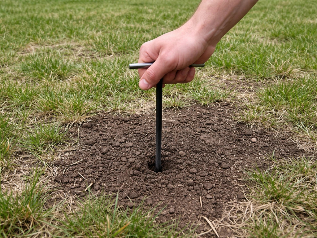 Main tenant un petit outil enfoncé dans le sol pour tester la compaction, pelouse clairsemée autour.