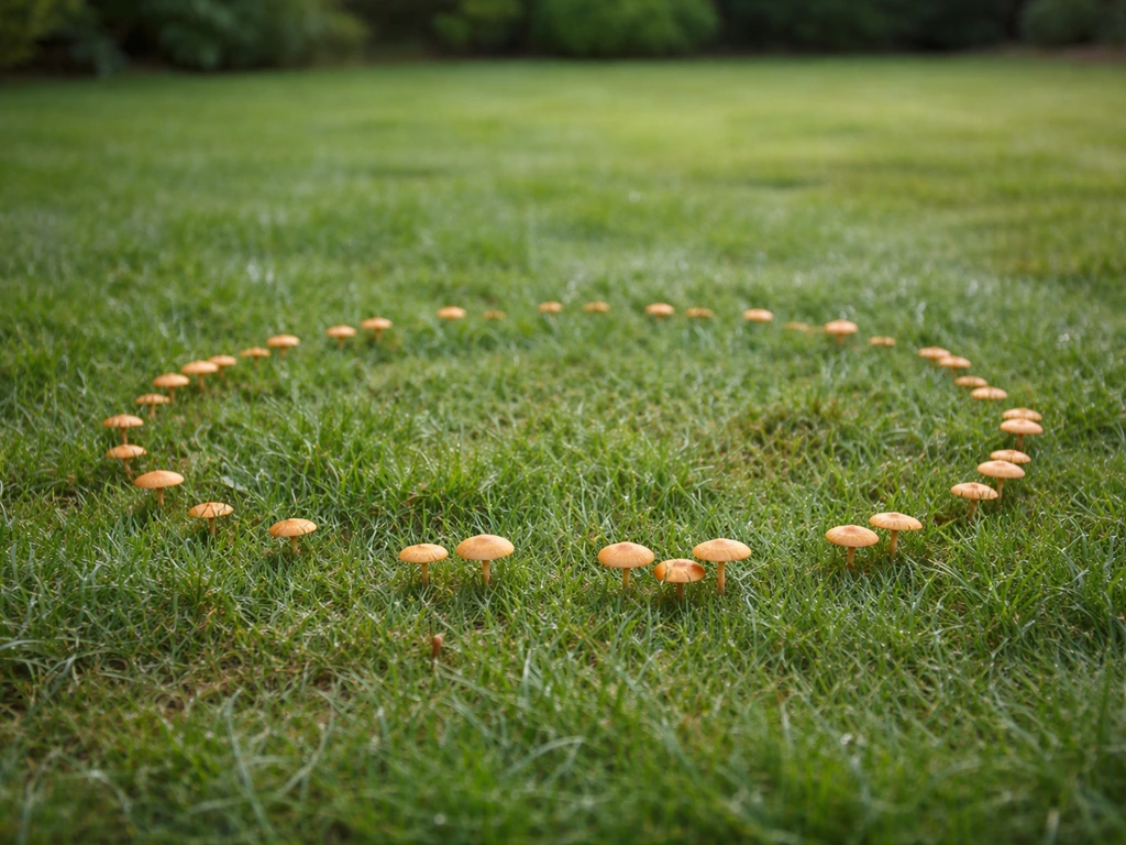 Pelouse avec un cercle discret de petits champignons orange au sol, ambiance jardin naturel.