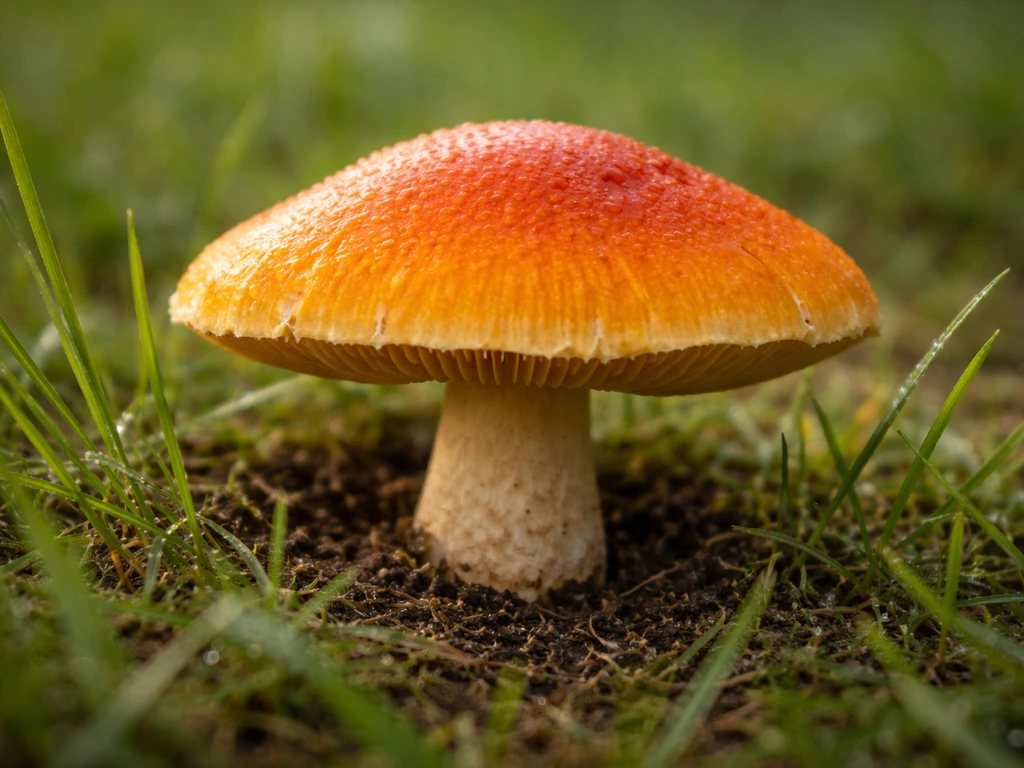 Gros plan d’un champignon orange au ras du sol dans l’herbe, chapeau et pied visibles.