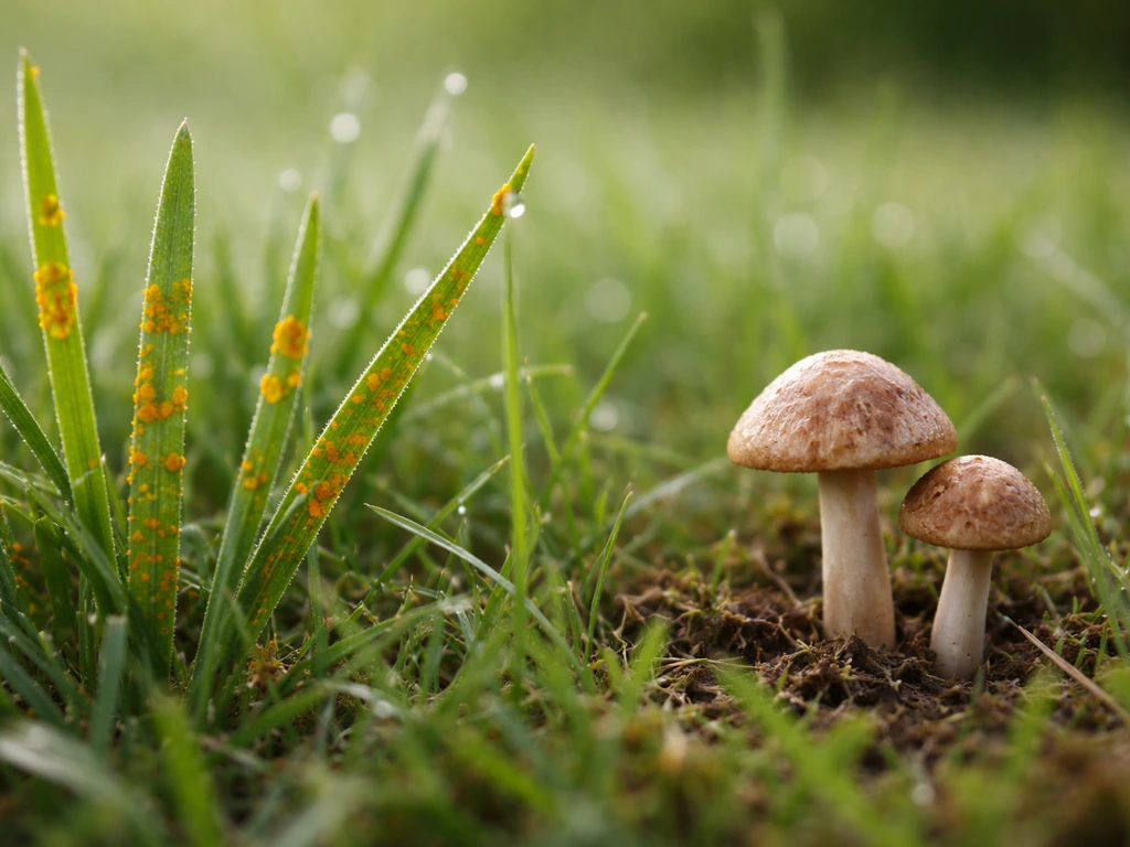 Gazon au premier plan : taches orangées sur les brins vs un petit champignon à chapeau et pied
