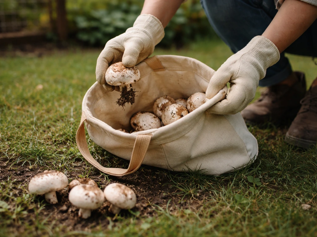 Personne en gants ramassant des champignons dans un sac, dans un jardin après l’apparition