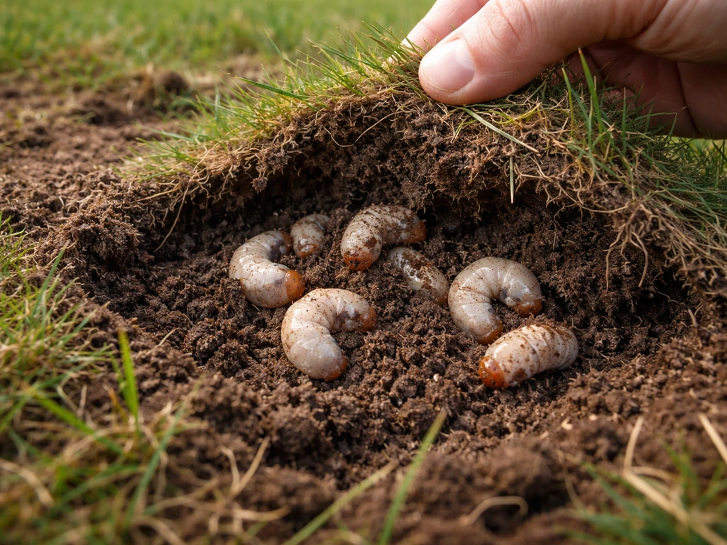 Pelouse abîmée près d’un sol humide, brin de gazon soulevé révélant de grosses larves blanches