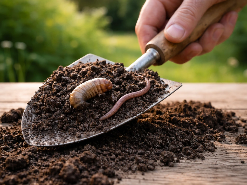 Main et petit outil de jardin révélant deux larves dans la terre : ver de terre et larve de hanneton.
