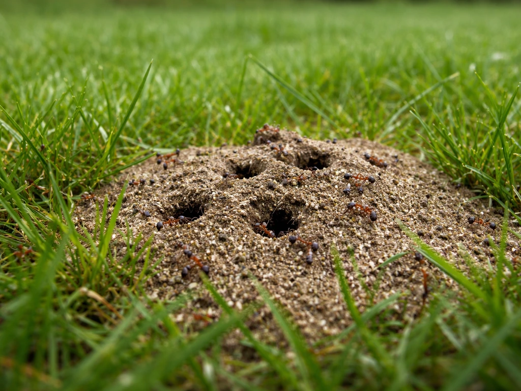 Gros plan sur une pelouse avec entrées de fourmilière et des ouvrières qui circulent entre l’herbe.