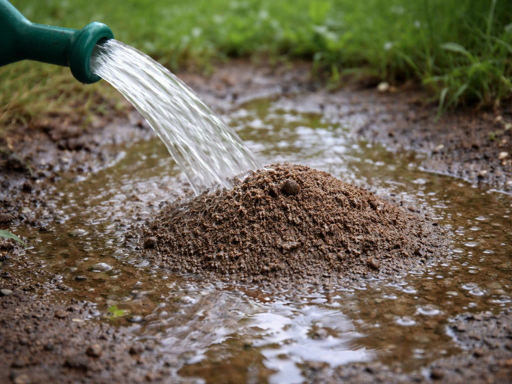 Arrosage abondant au pied d’une fourmilière, sol détrempé, ambiance naturelle et minimaliste.