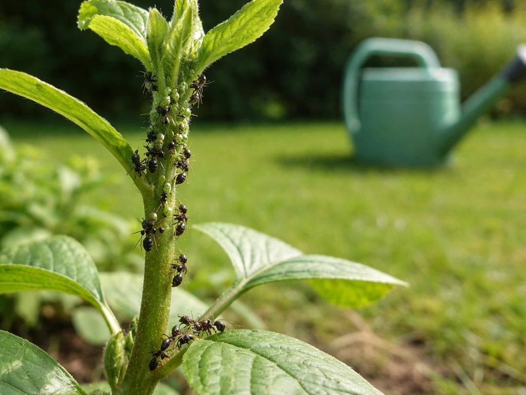 Pucerons sur une tige de plante de jardin, avec un arrosoir et des fourmis aux alentours
