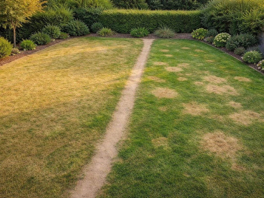Vue aérienne d’un jardin avec pelouse en zones, montrant jaunissement uniforme et en taches distinctes