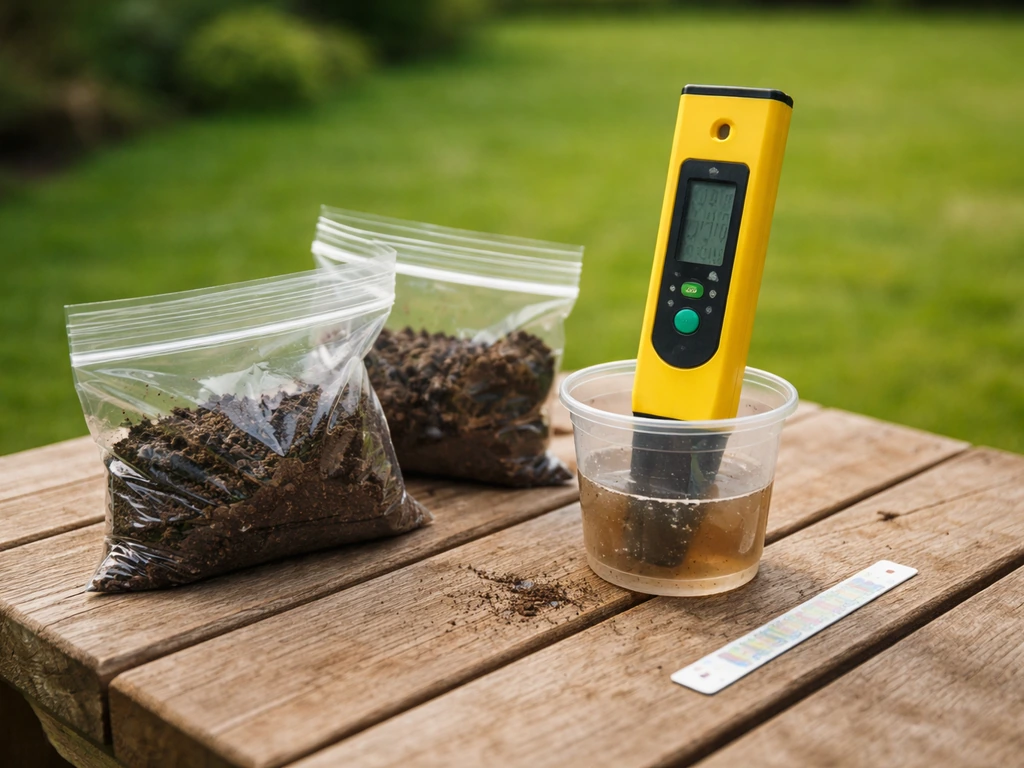 Kit de test de sol pH pour pelouse avec échantillon de terre et pH-mètre, sur table près du jardin.