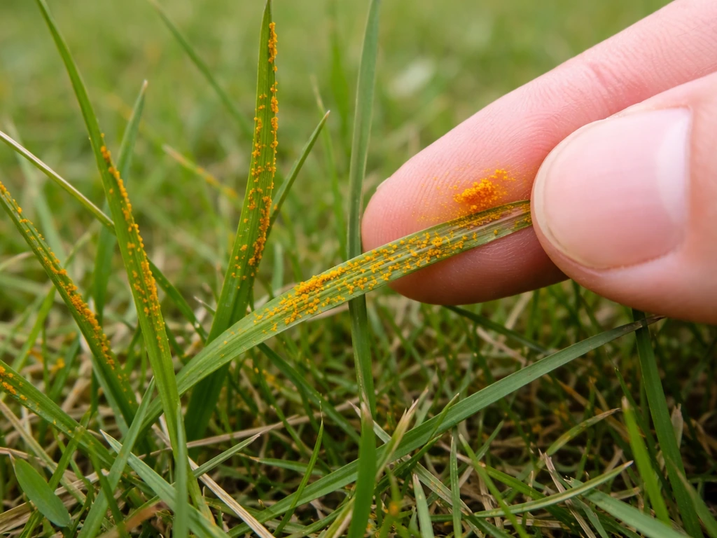 Lames d’herbe avec petites pustules jaune-orangé de rouille, frottement laissant une trace orangée sur les doigts