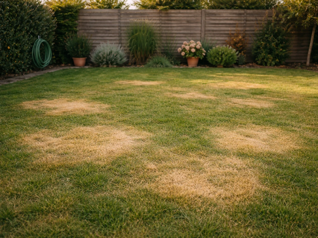 Pelouse avec plusieurs zones distinctes jaunies par endroits, jardin résidentiel, lumière naturelle.