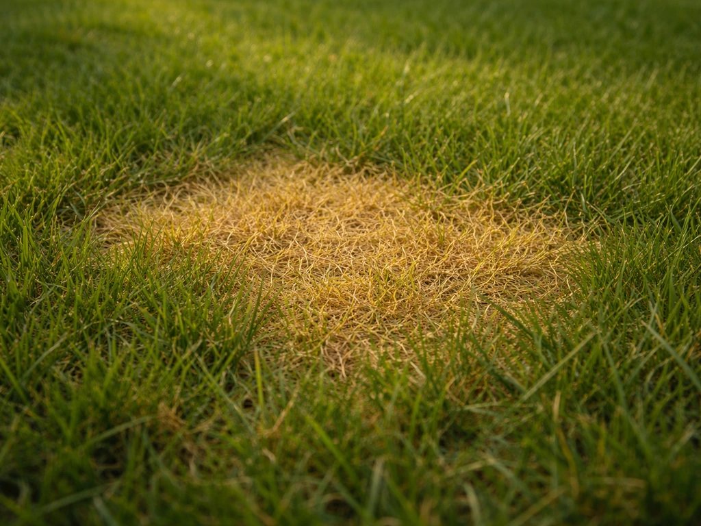 Gros plan d’une pelouse avec une zone jaunie localisée, bord net contrastant avec le vert environnant.