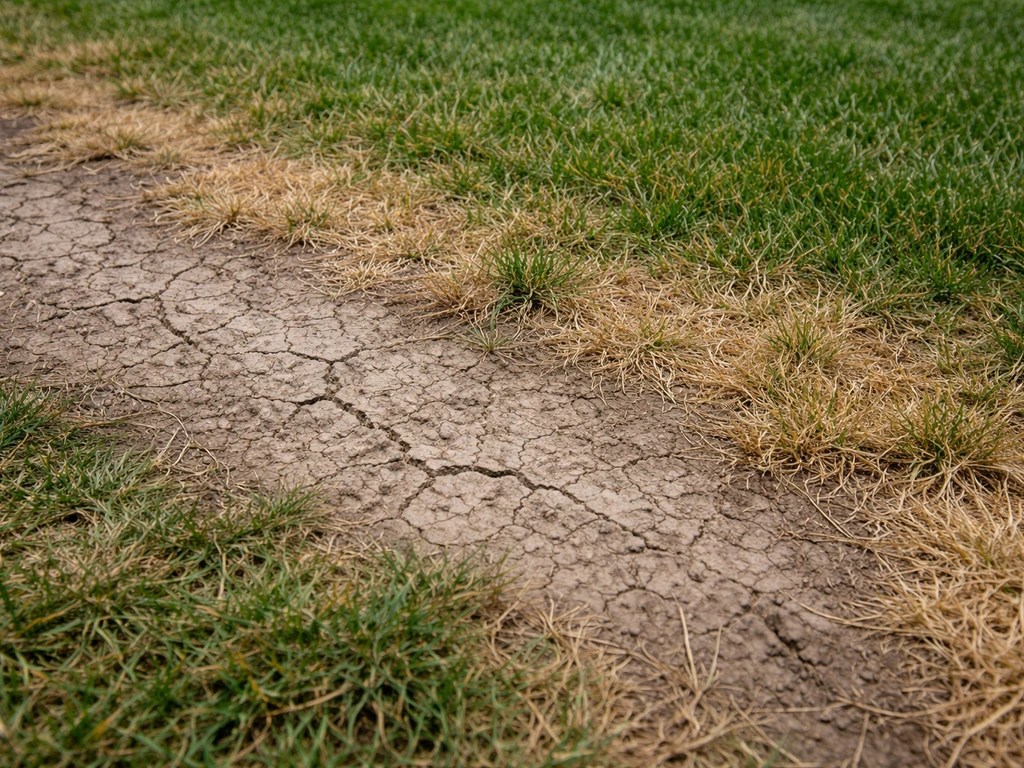Gazon flétri et terre partiellement sèche, arrosage insuffisant à l’orée d’une zone irrégulièrement humide.