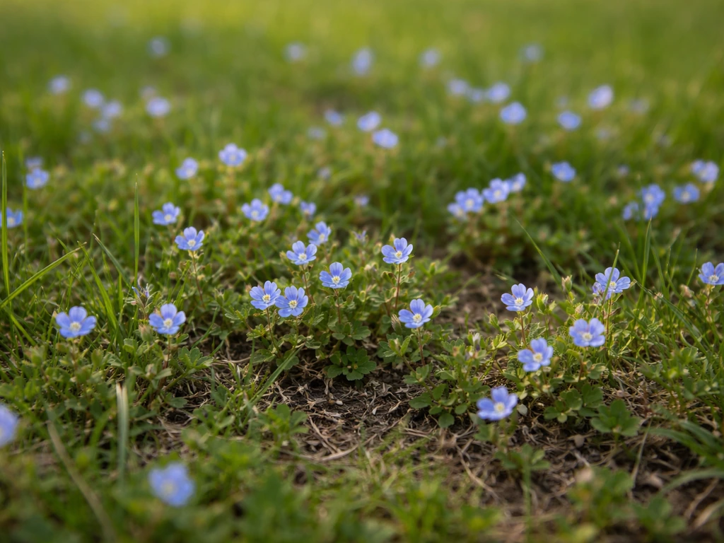 Petites fleurs bleues dispersées dans une pelouse verte, vue sol/gazon nette et naturelle.