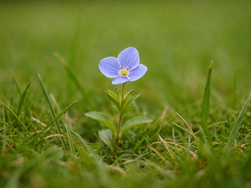 Gros plan d’une petite fleur bleue sur une pelouse verte, feuilles et pétales nets, lumière naturelle.