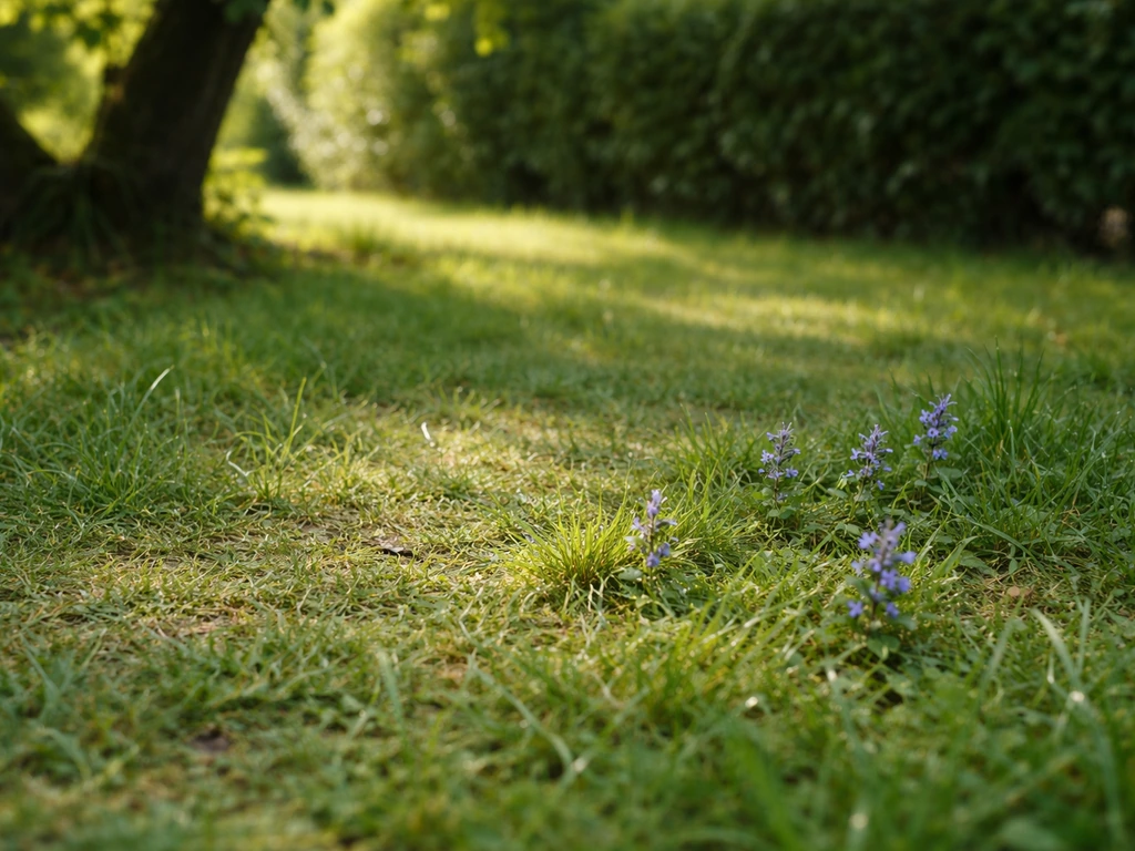 Coin de pelouse en mi-ombre avec herbe légèrement haute et petites fleurs bleues, sol humide