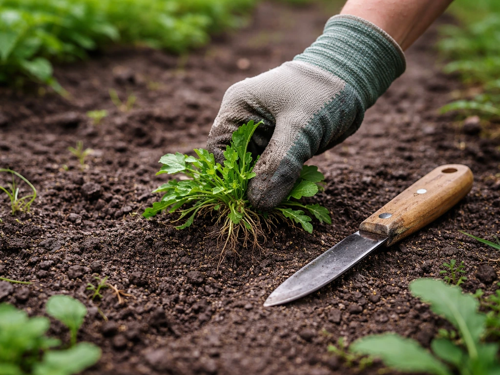 Main gantée qui arrache une petite touffe de mauvaises herbes avec un couteau désherbeur près du plant.