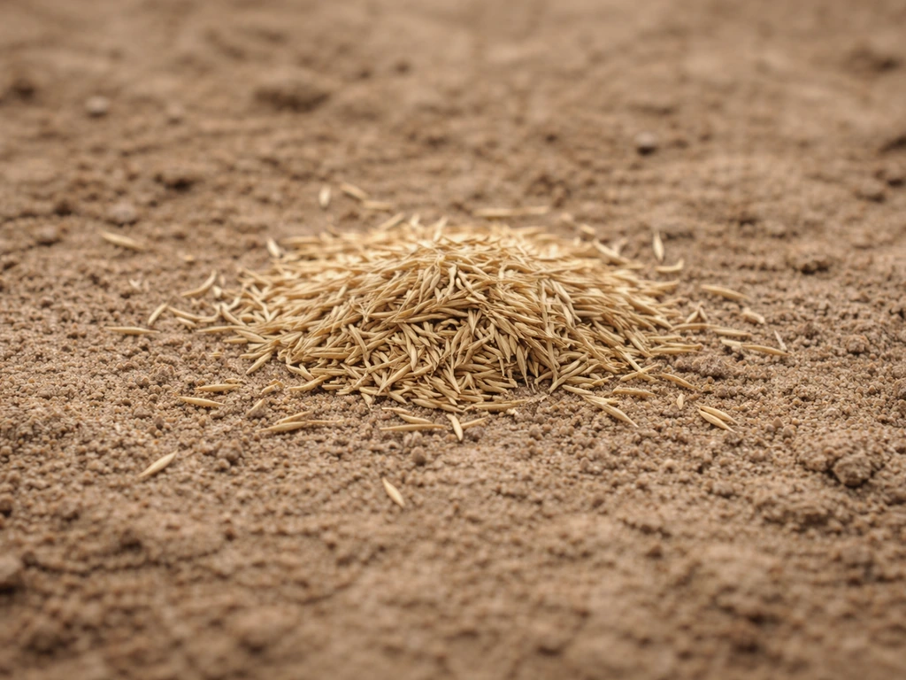 Gros plan de minuscules graines de gazon sur une terre lisse et croûtée, restant en surface