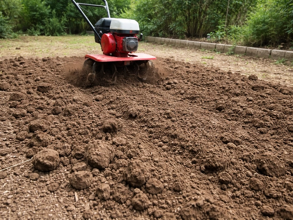 Motoculteur travaillant la terre sur un sol de jardin, montrant une terre ameublie à 15–20 cm.