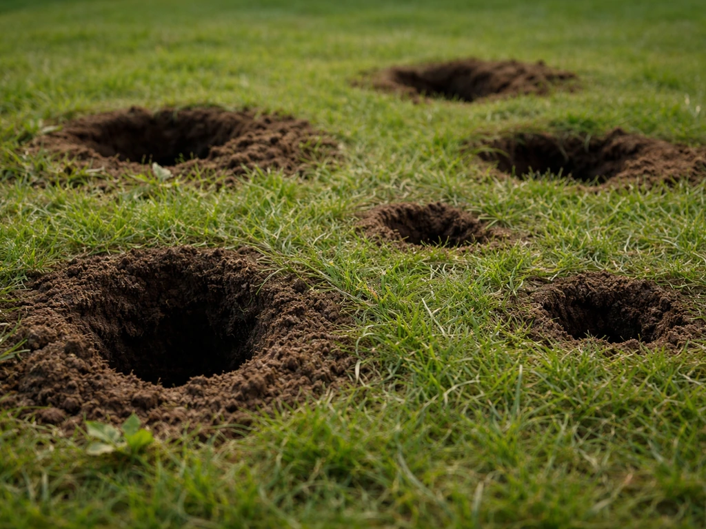 Gros plan sur plusieurs trous dans une pelouse, avec terre fraîche et herbe autour, pour comparer les indices.