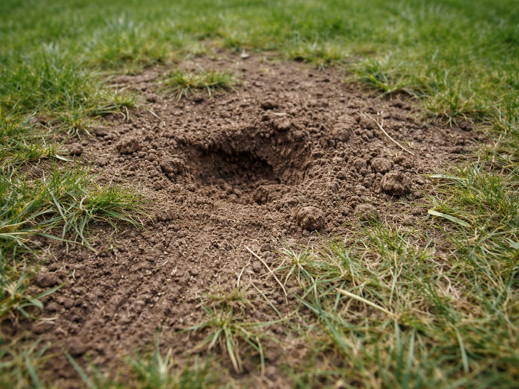 Terre éparpillée et herbe grattée près d’un petit trou dans le sol, traces d’un animal domestique.