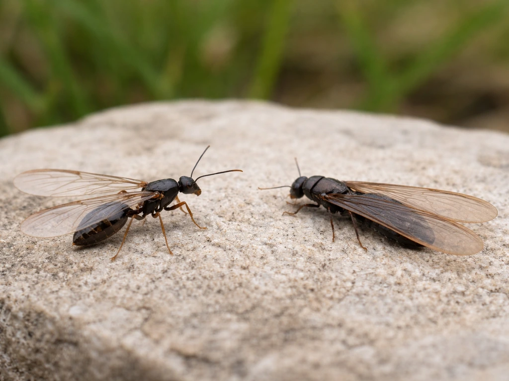 Macro photo de deux insectes ailés distincts sur une pierre : fourmi ailée et termite ailé, pour comparer