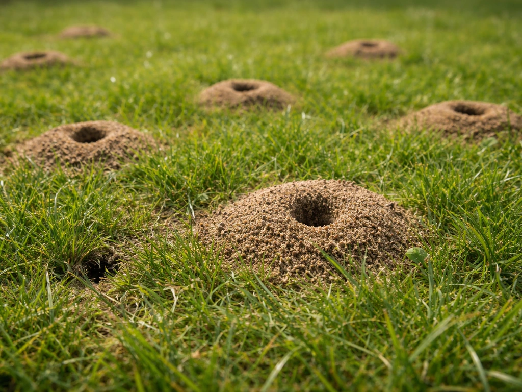 Gros plan sur une pelouse avec petits monticules de terre fine en forme de cratère et quelques trous.