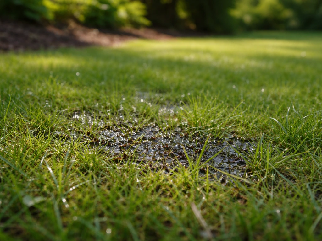 Pelouse collante avec zones noircies, herbe luisante au premier plan et arbre en arrière-plan.