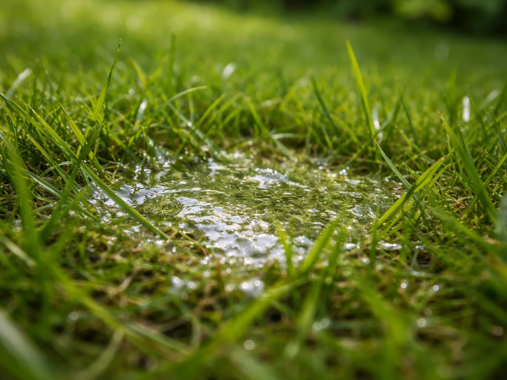 Gros plan sur une zone collante sur l’herbe, avec reflets luisants évoquant du miellat.
