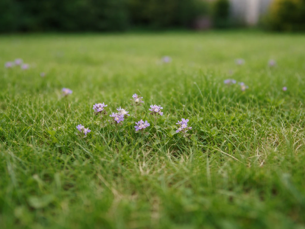 Petites fleurs mauves au milieu d’une pelouse française, vue de près au niveau du sol.