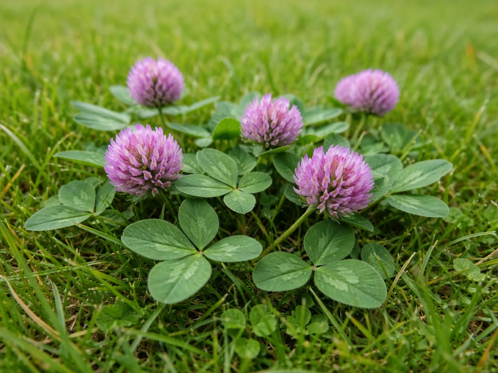 Gros plan sur un trèfle violet dans la pelouse, tiges et feuilles en rosette, petites fleurs rose‑violacé en boules comp