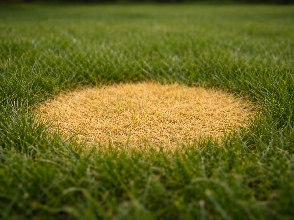 Gros plan sur la pelouse ras du sol avec une plaque ronde jaune nette indiquant un jaunissement localisé.