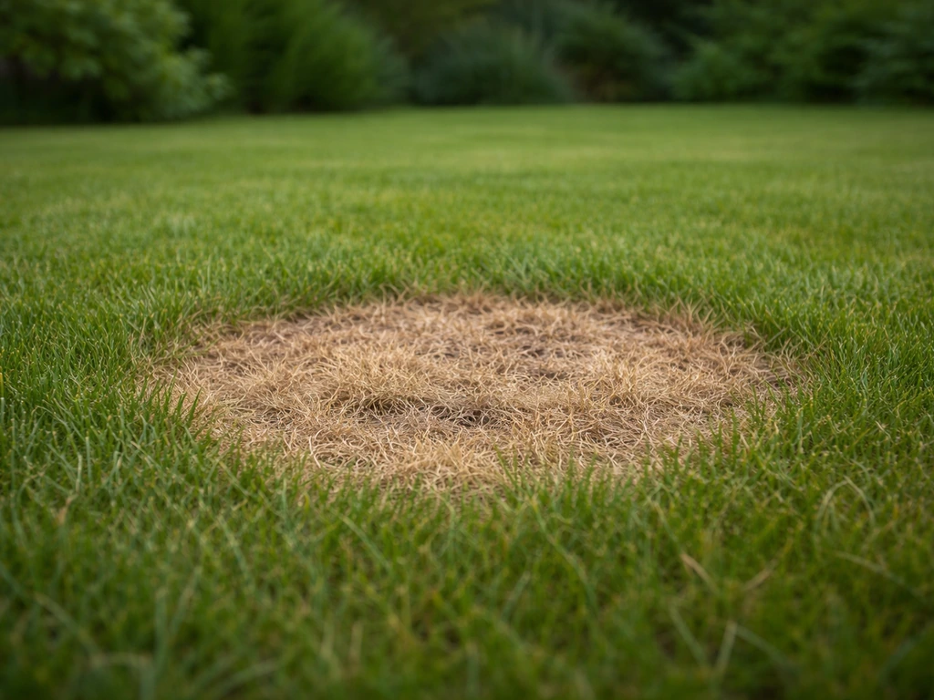 Pelouse avec un cercle d’herbe jaune au centre, le reste du jardin vert, évoquant une brûlure d’urine de chien.