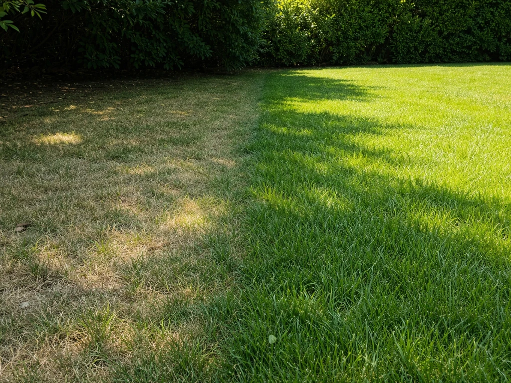 Pelouse avec une zone à l’ombre dense jaunie et une zone voisine plus verte et ensoleillée.